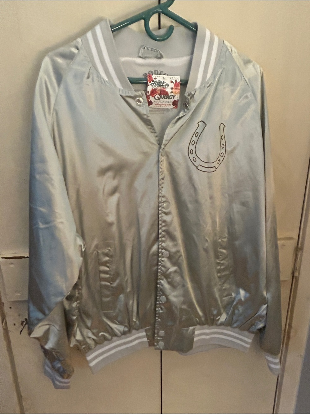 Rodeo Quincy Silver Satin Bronco Bomber Jacket